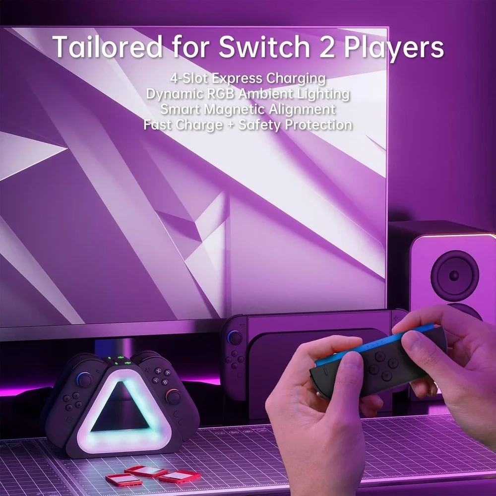 Switch 2 Joy-Con Charging Dock 4-Slot Magnetic RGB Triangle Station Black‎